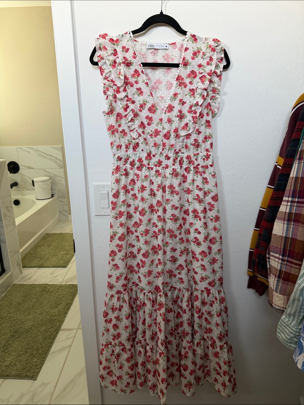 Zara White Maxi Dress with Pink Floral Print and Ruffle Trim